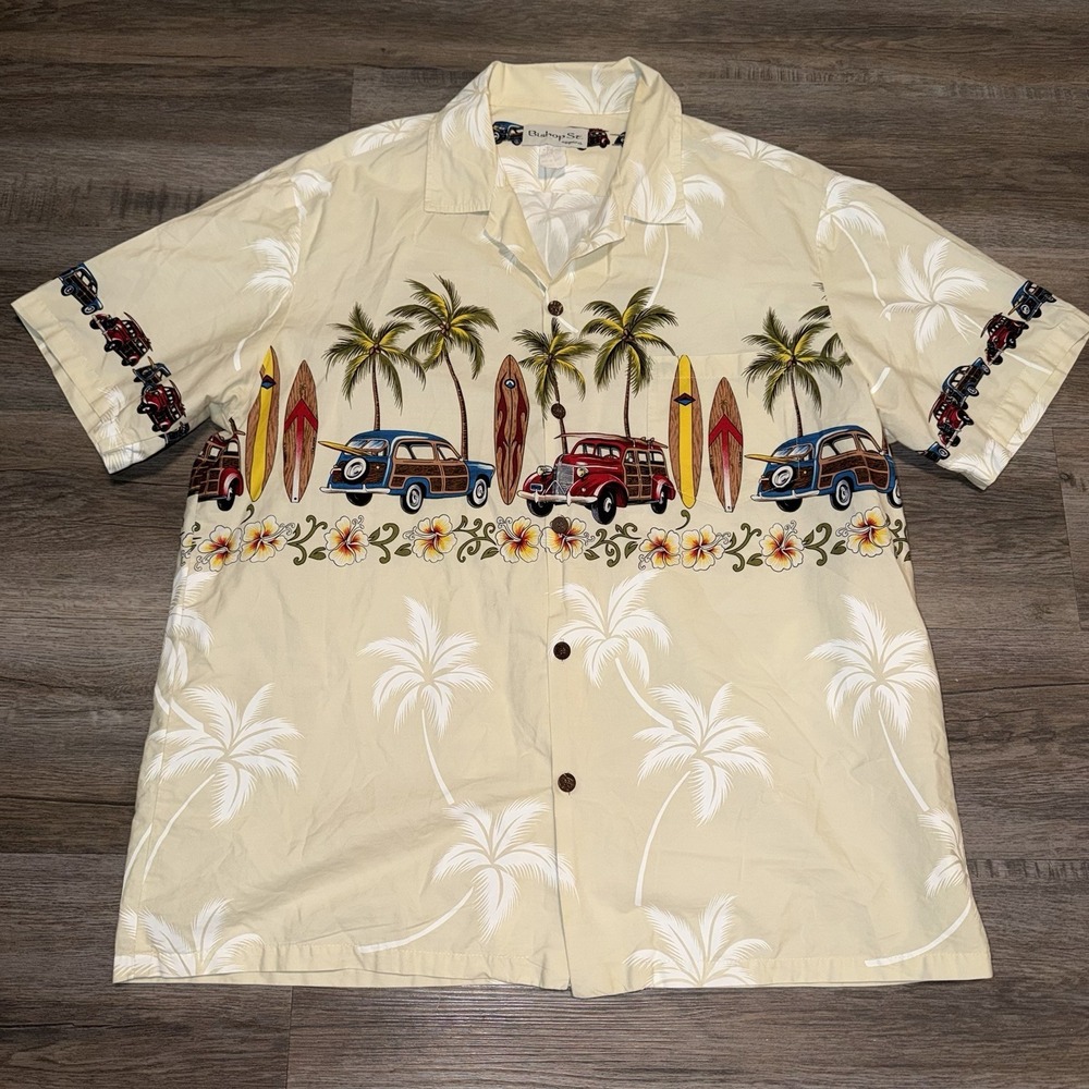 Vintage BISHOP ST Hawaiian Shirt Mens XL Cream SURFBOARDS & WOODYS Short Sleeve